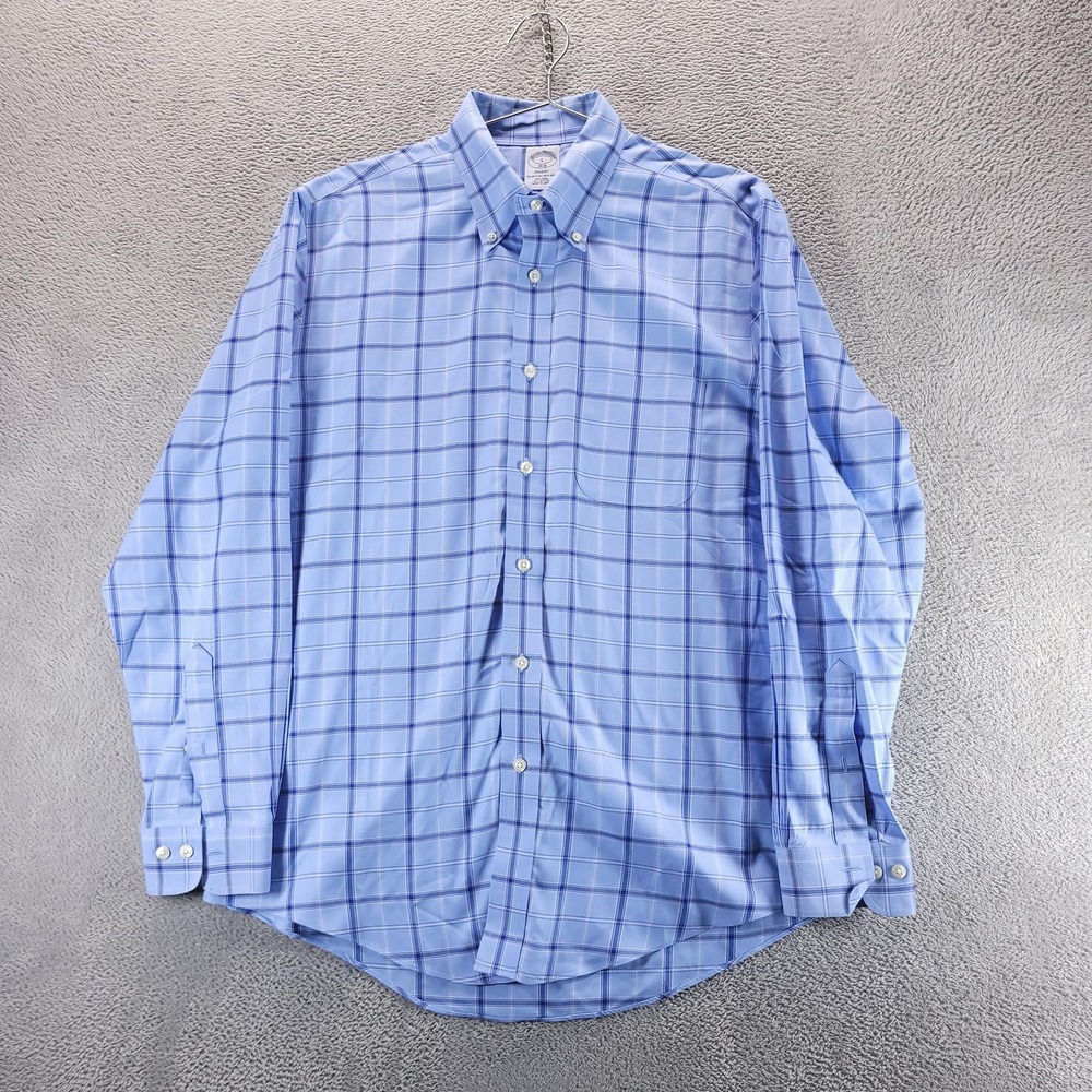 Brooks Brothers Dress Shirt Mens L Blue Regent Plaid Non Iron Button Down 44351